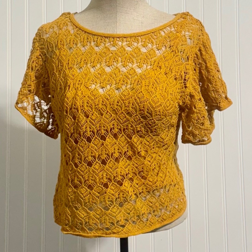 Zara Mustard Yellow Crochet Top Large Flutter Sleeve Boho 70s Retro Open Knit